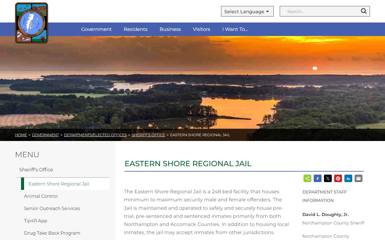 Northampton County inmate population information on the Eastern Shore Regional Jail official page