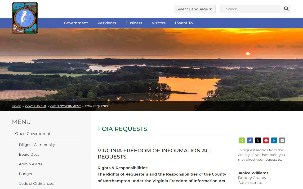 Northampton County FOIA request page for booking photo records