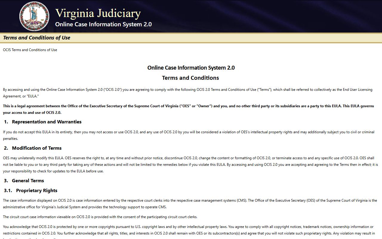 Virginia Online Case Information System landing page for court records after arrest